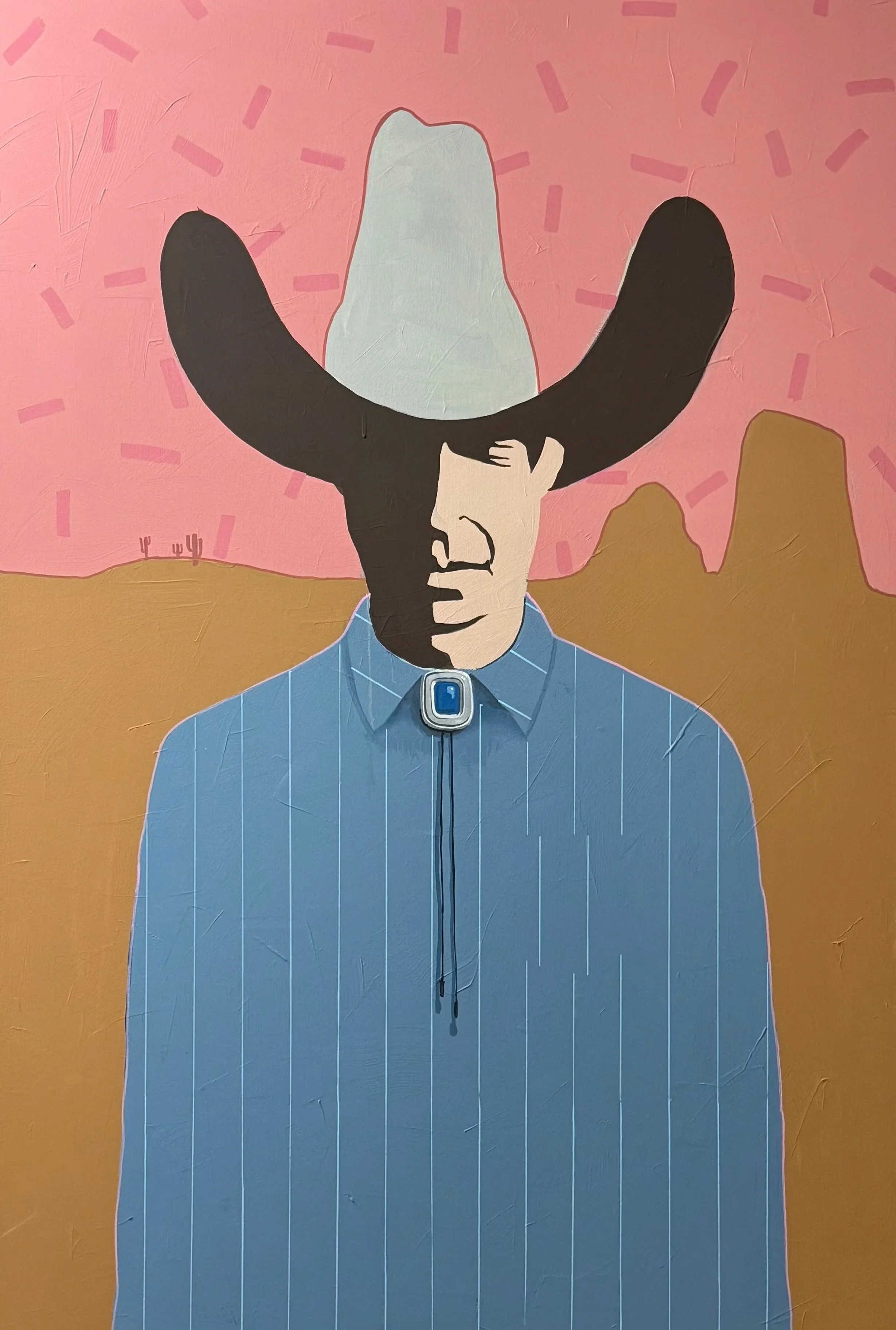A stylized portrait of a man with a large, dark cowboy hat, a blue shirt, and a desert landscape with mountains and a cactus silhouette against a pink sky in the background.