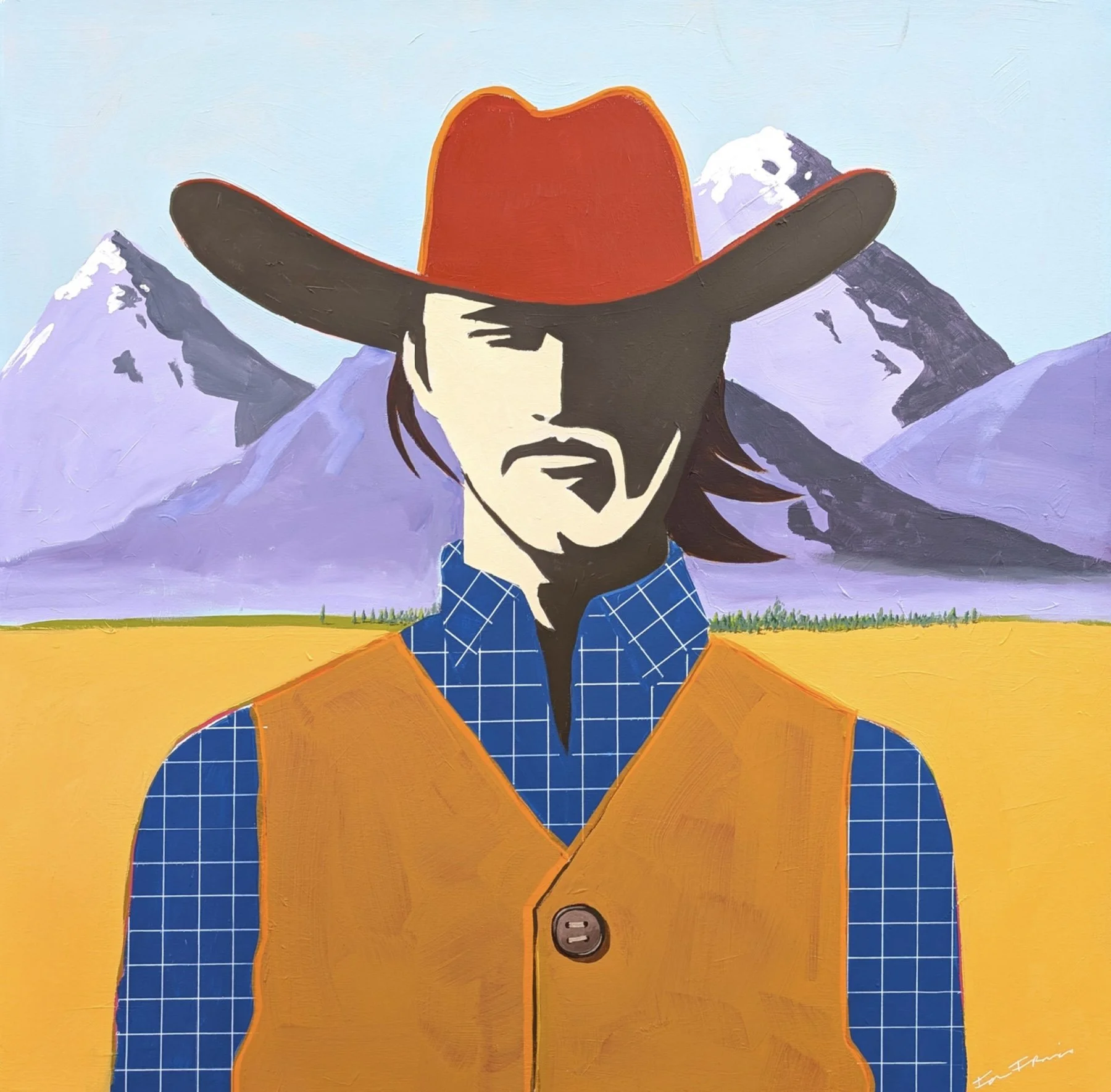 A stylized painting of a man wearing a red cowboy hat, blue checkered shirt, and orange vest, with snow-capped mountains and a green field in the background.