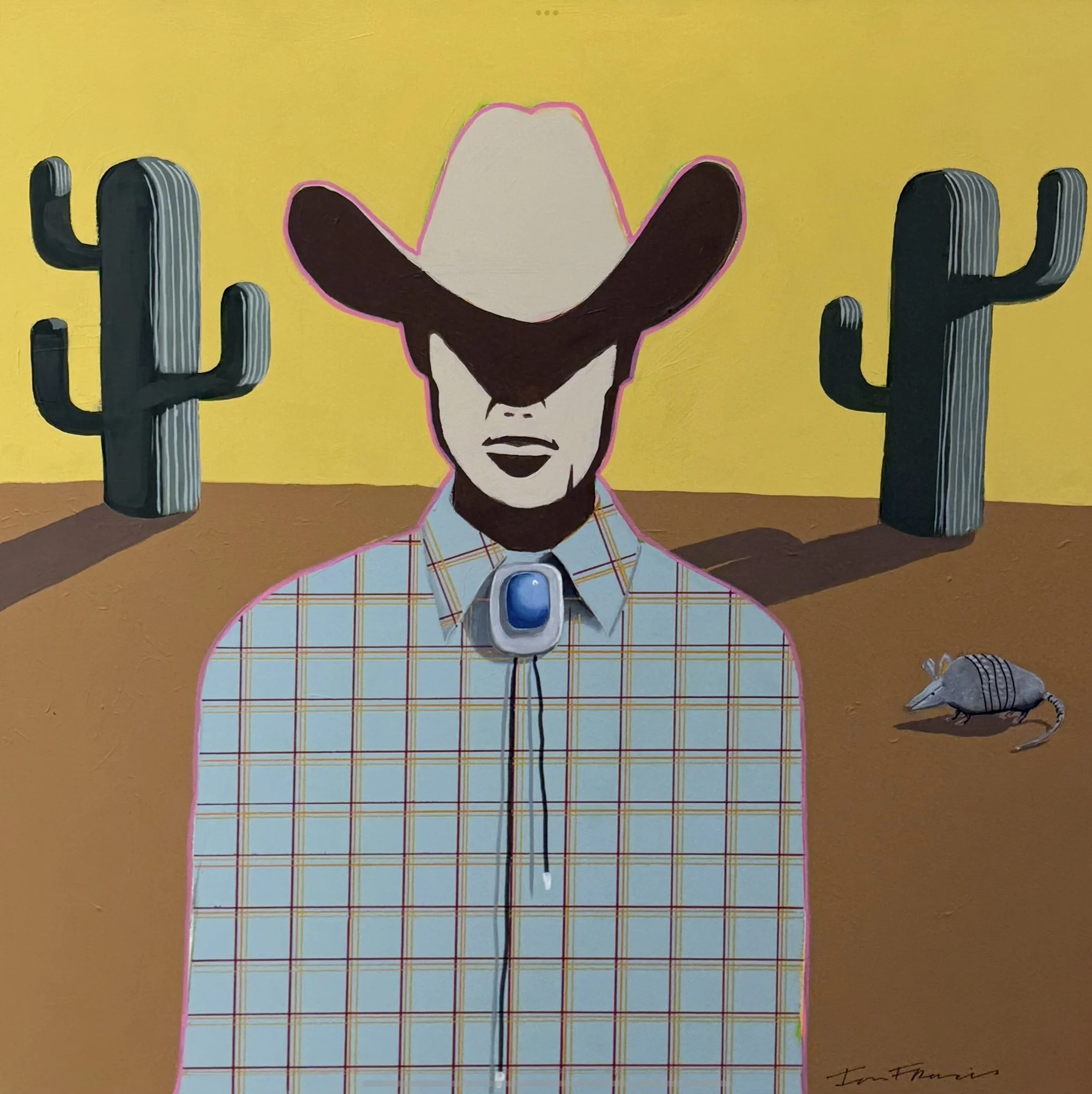 A colorful street art painting depicts a stylized human face with closed eyes, wearing a cowboy hat. The background is yellow with two large cacti on either side. The person has a checkered shirt and a necklace with a large blue pendant. To the right, a small rat is visible on the ground.