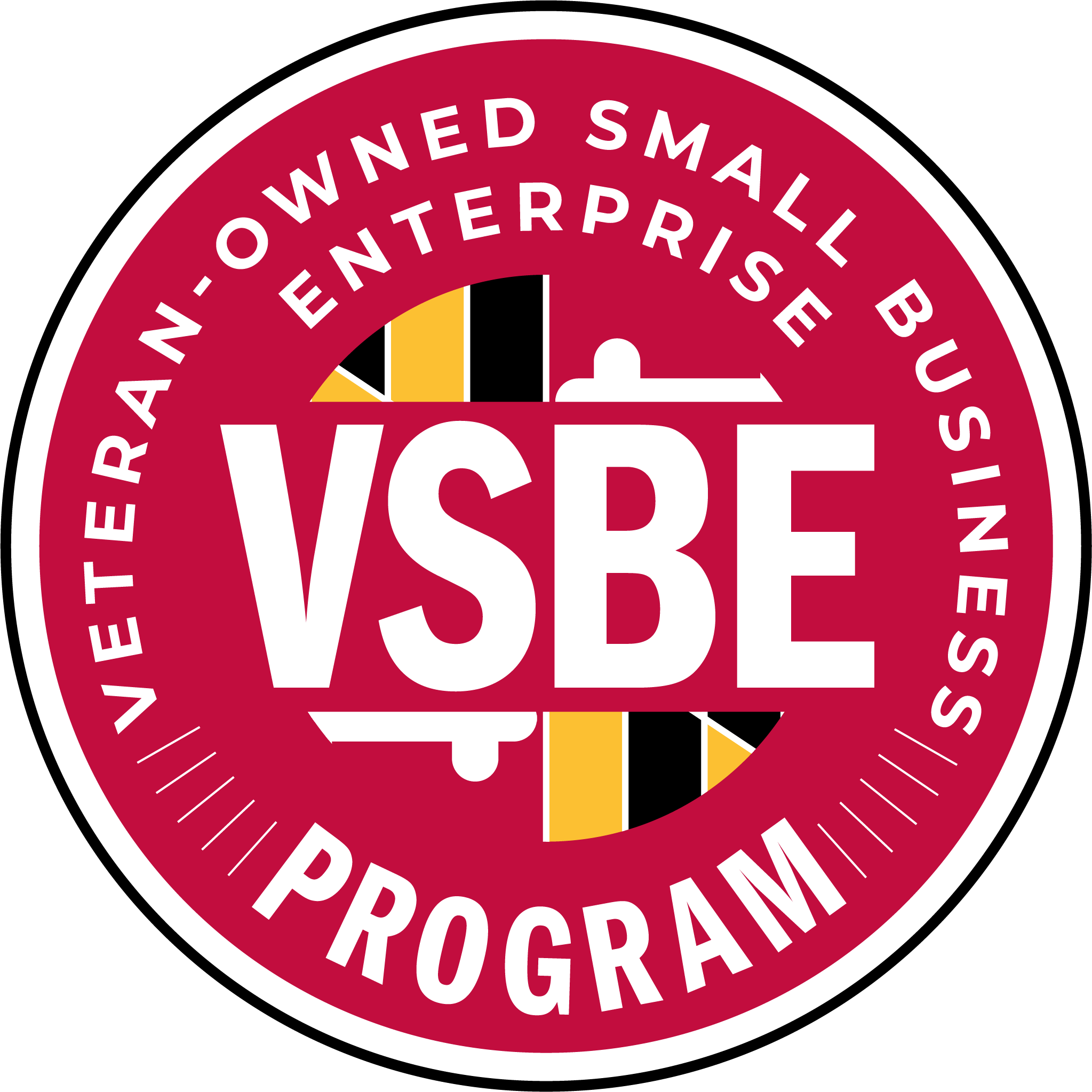 Circular logo with red background and white border. Text around the edge says 'VETTERAN-OWNED SMALL BUSINESS ENTERPRISE / CERTIFICATE PROGRAM.' In the center, large white letters spell 'VSBE' with a partial design of the Maryland state flag behind it.