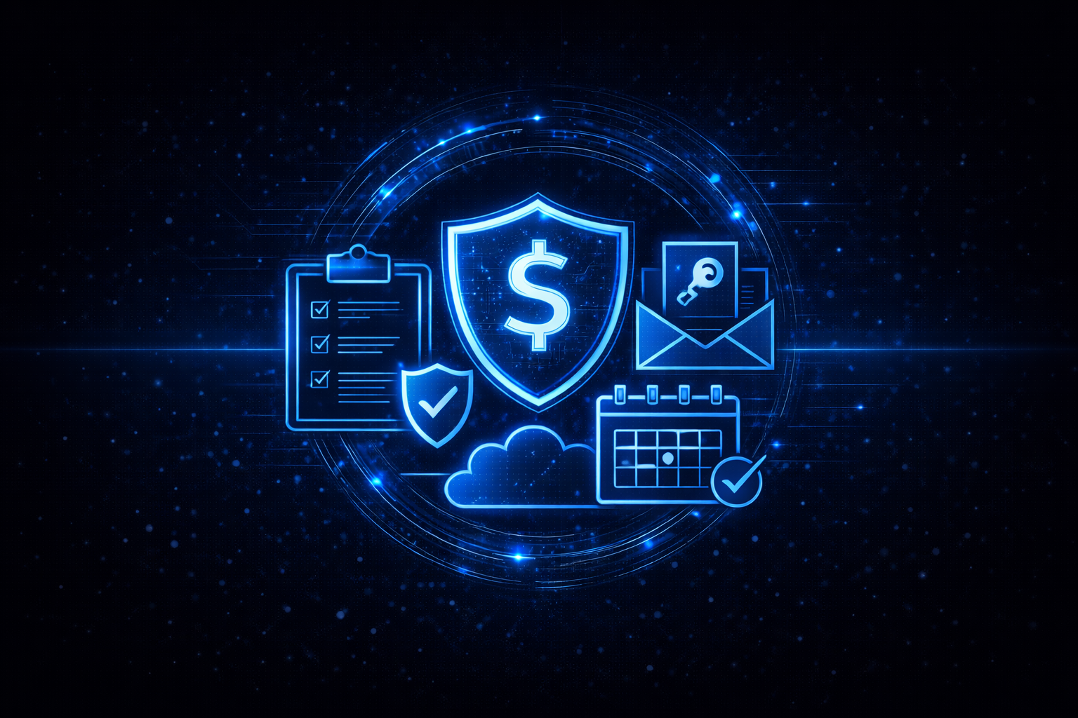 Digital illustration of cybersecurity and data protection icons, including a shield with a dollar sign, checklist, shield, cloud, calendar, and envelope with a key, all glowing in blue against a dark, starry background.