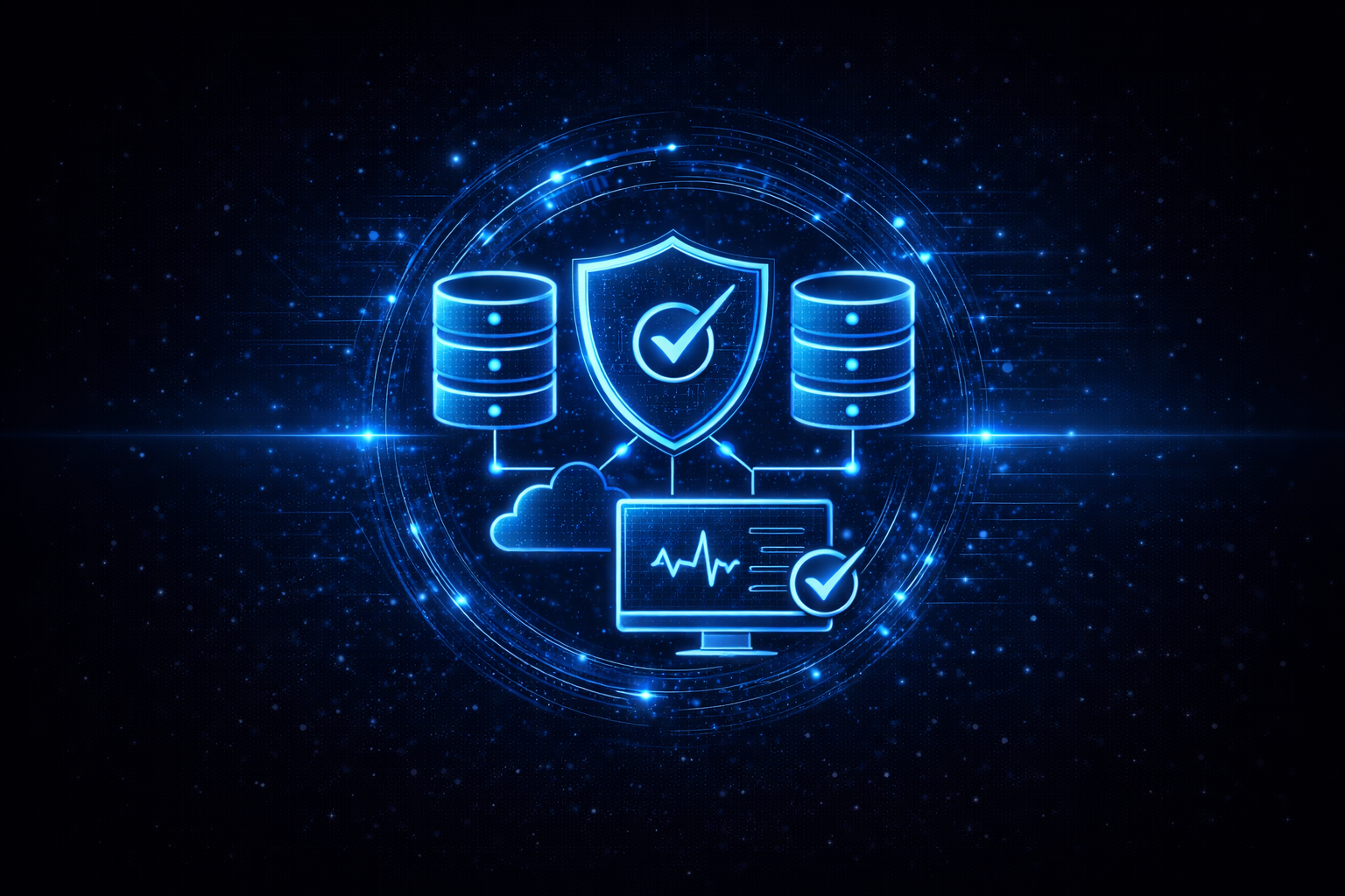 Digital illustration of cloud computing security, featuring database icons, a shield with a checkmark, a monitor with a heartbeat, and interconnected lines and circles glowing in blue on a dark starry background.