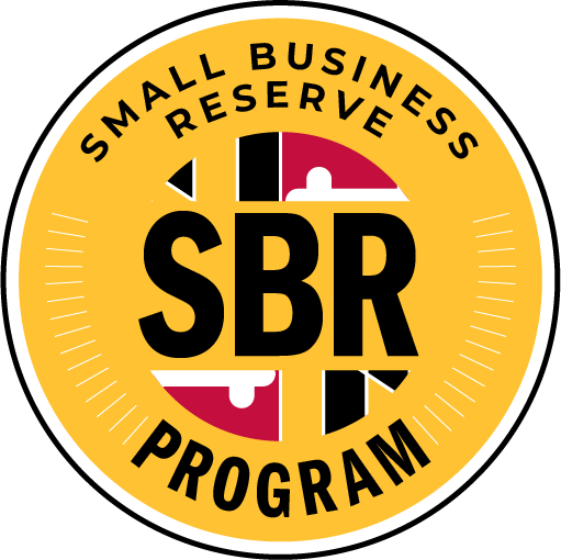 Logo for the Small Business Reserve Program (SBR) with yellow background, black and white text, and puzzle piece design.