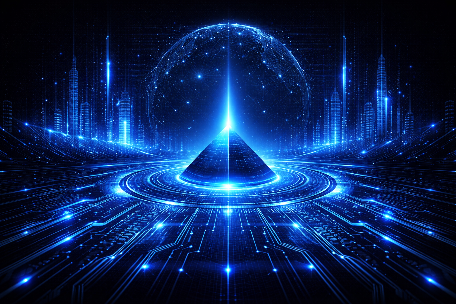 Futuristic digital landscape with a glowing pyramid at the center, surrounded by a grid of blue lines and interconnected nodes, with a glowing globe and city skyline in the background.