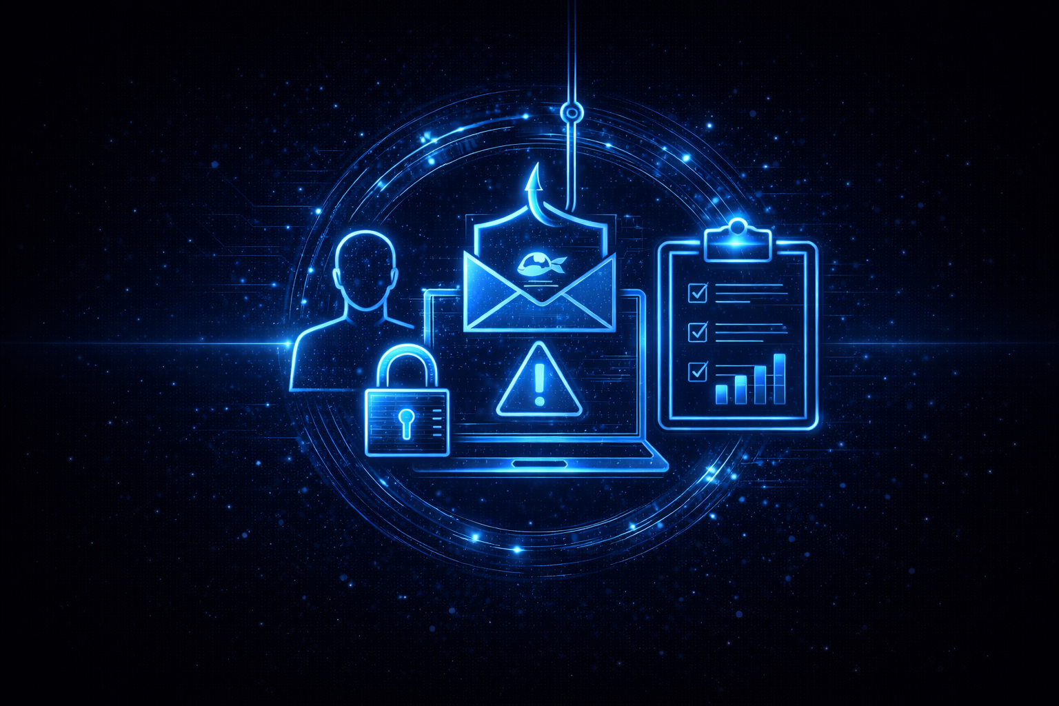 Digital illustration of cybersecurity threats including an email with a fish inside, a person silhouette, a lock, a warning sign on a laptop, and a checklist, all glowing in blue against a dark background.