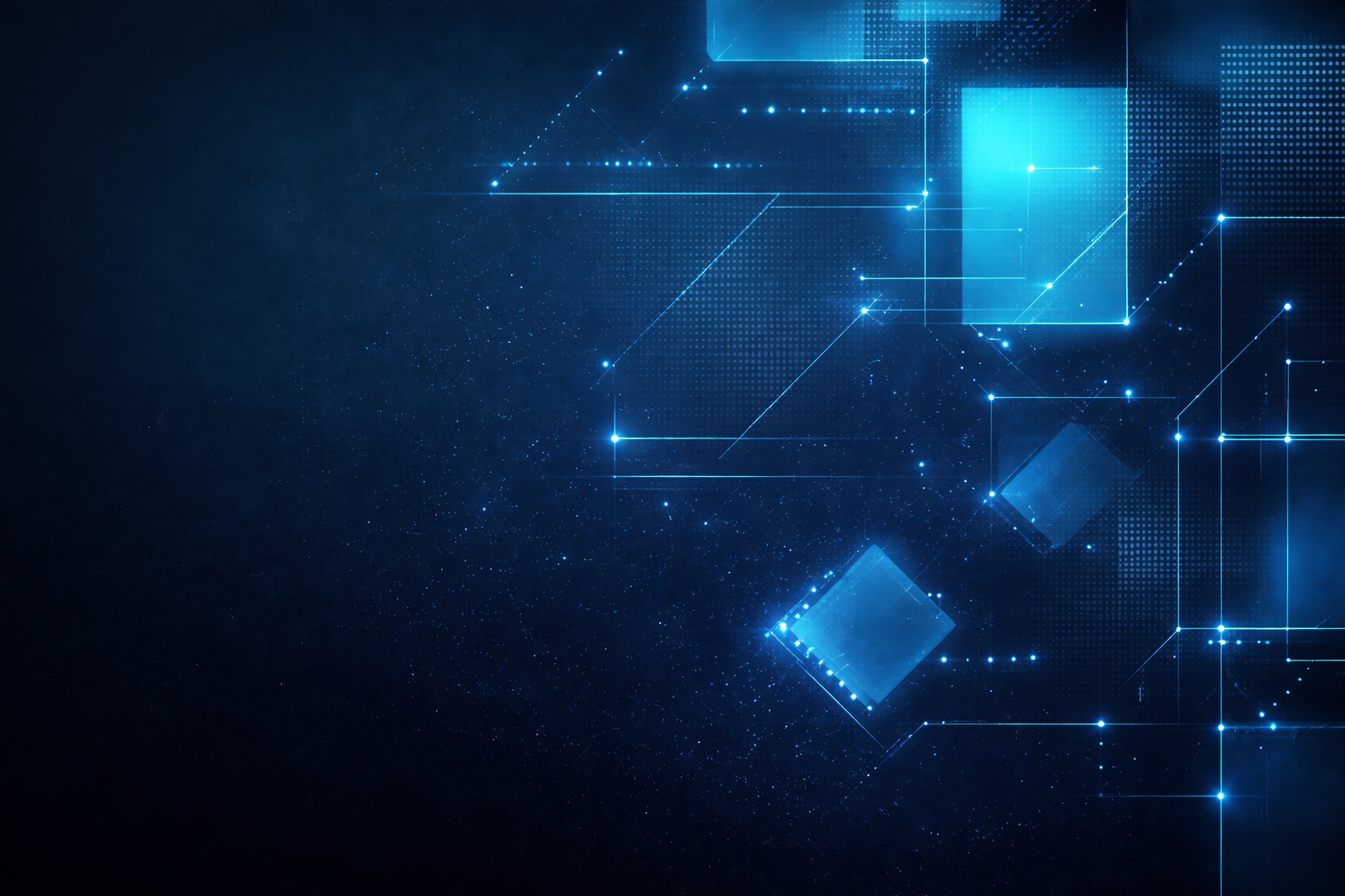 Digital network with glowing blue squares and lines on a dark background.