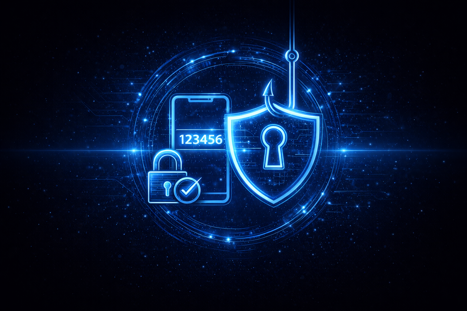 Digital illustration of cybersecurity protection, featuring a smartphone with a checkmark lock, a shield with a keyhole, a padlock, and a hook with a line, all glowing in blue against a starry digital background.