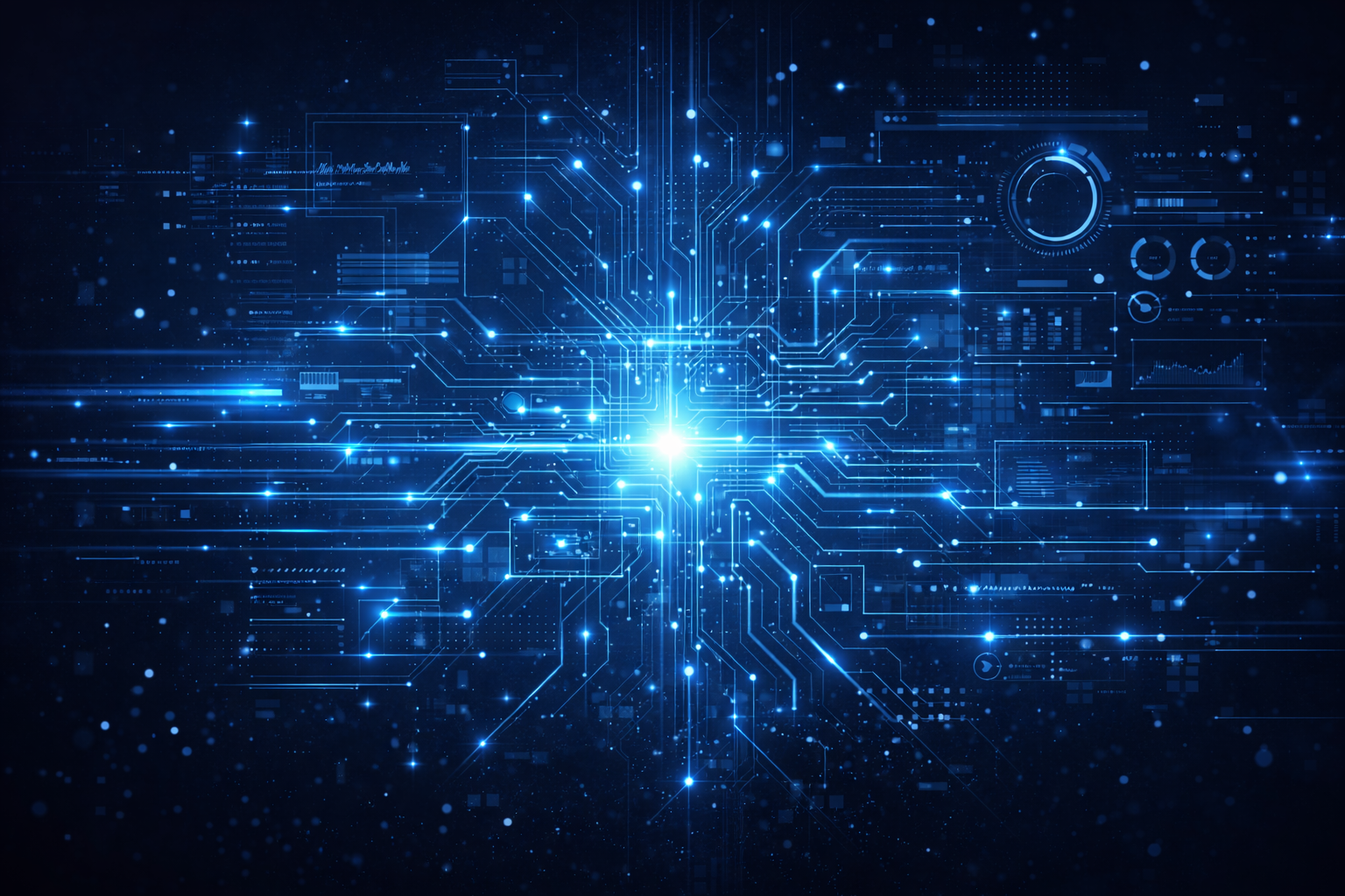 A digital representation of a glowing central point with interconnected lines and various futuristic interface elements, symbolizing a high-tech or data network concept.