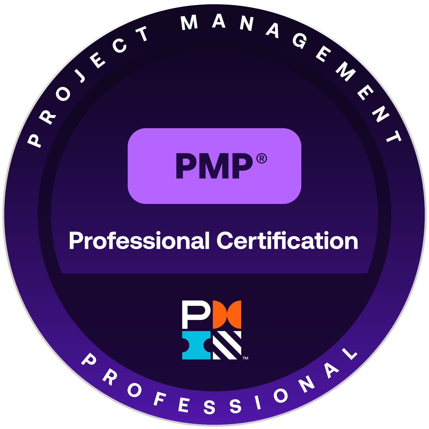 Certification badge for PMP professional certification, featuring a purple and black circular design with the text 'PROFESSIONAL PROJECT MANAGEMENT' around the border and 'PMP®' and 'Professional Certification' in the center.