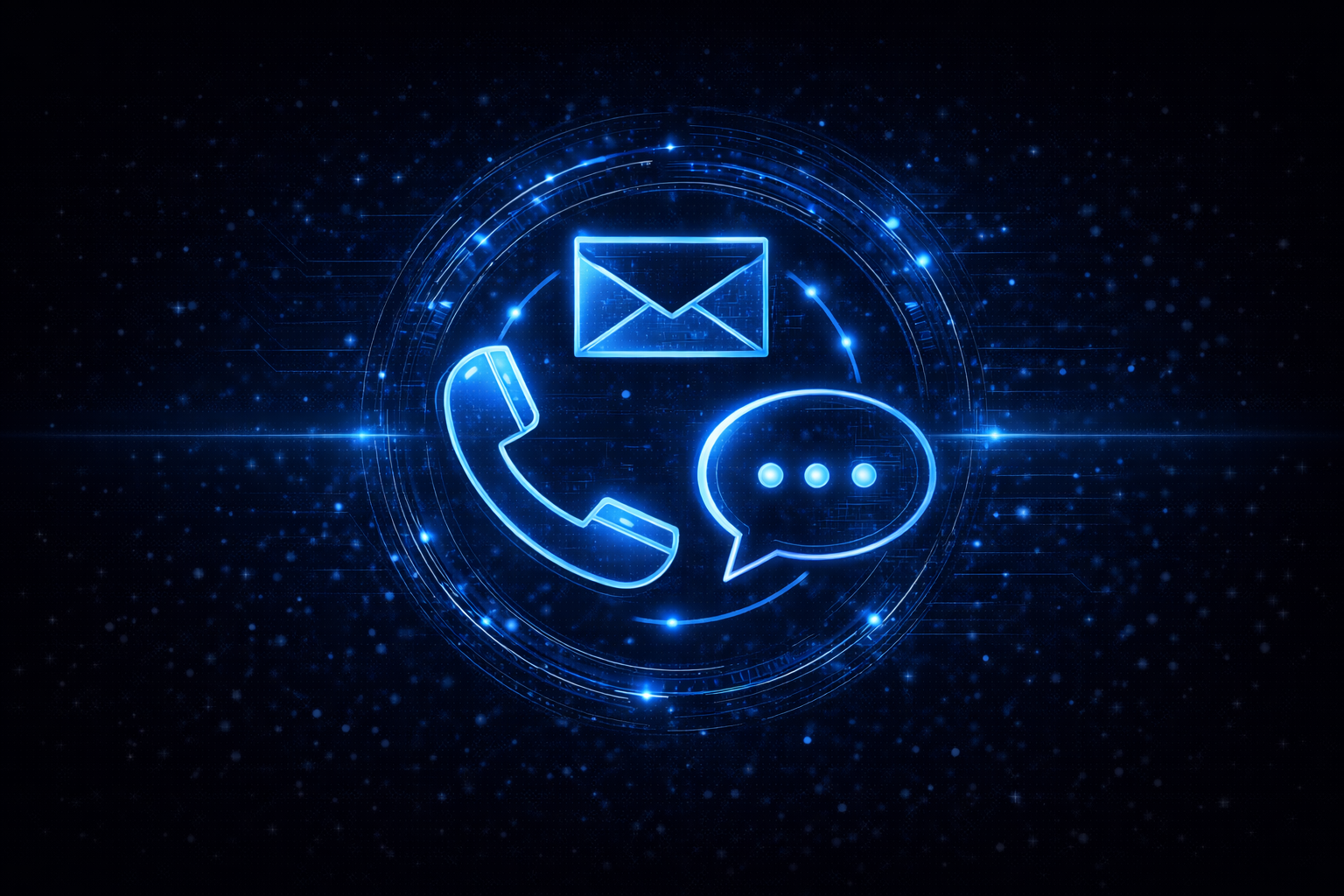 Digital illustration of communication icons including an envelope, a telephone receiver, and a speech bubble emitting glowing blue light against a dark background filled with stars and circuit-like patterns.