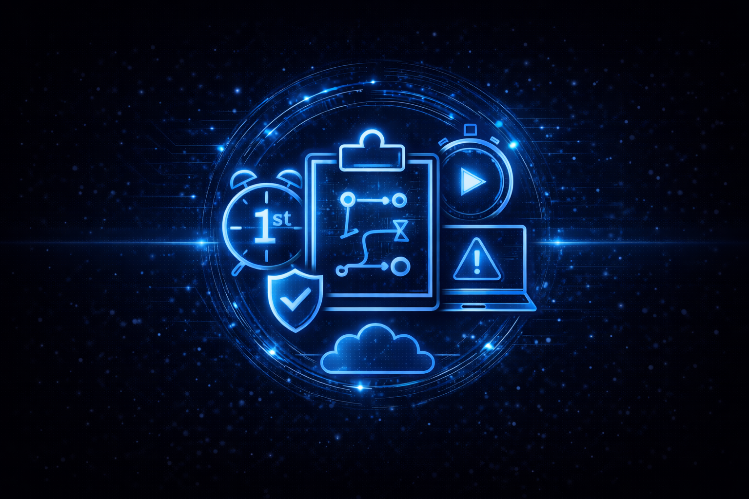 Digital illustration of process automation icons including a stopwatch, checklist, shield, cloud, timer, play button, warning triangle, and a document with flowchart symbols, all glowing in blue against a dark starry background.