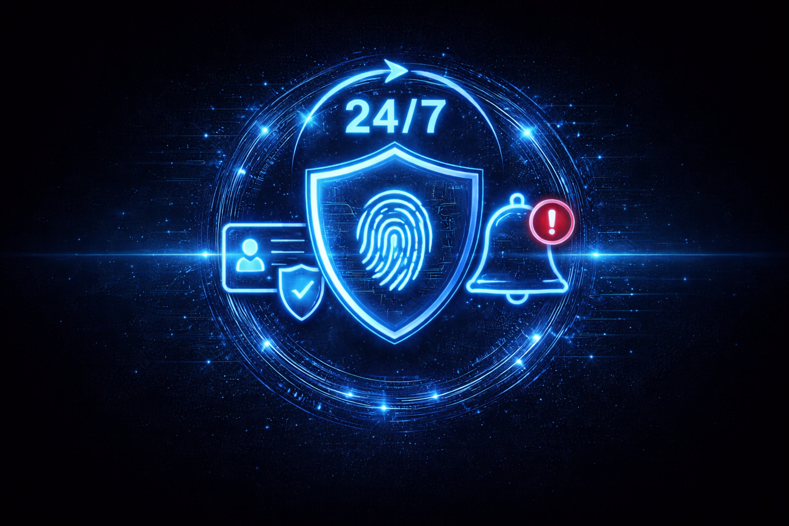 Digital illustration of online security and privacy icons, including a fingerprint, shield, user profile, notification bell with an alert, and a 24/7 service label, all glowing in blue against a dark background.