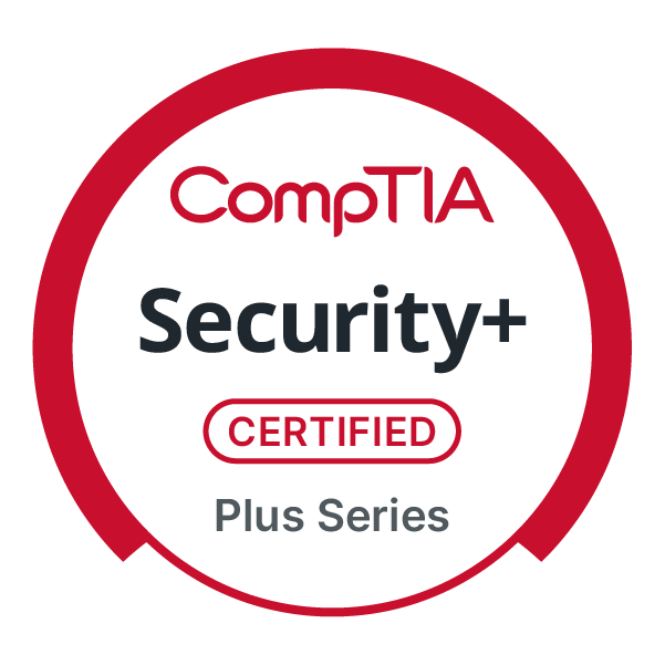CompTIA Security+ Certified Plus Series badge with red and white design.