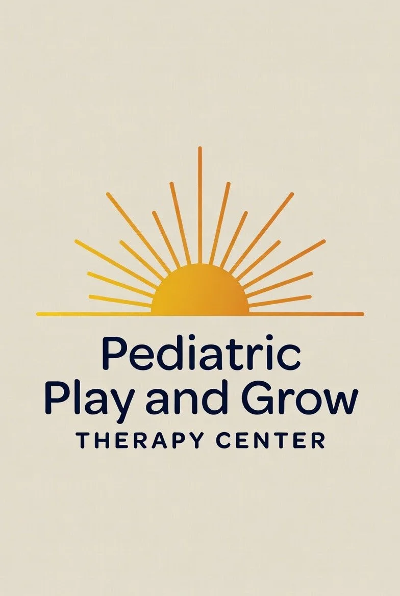 Logo of Pediatric Play and Grow Therapy Center featuring a stylized sun with rays above the center's name.