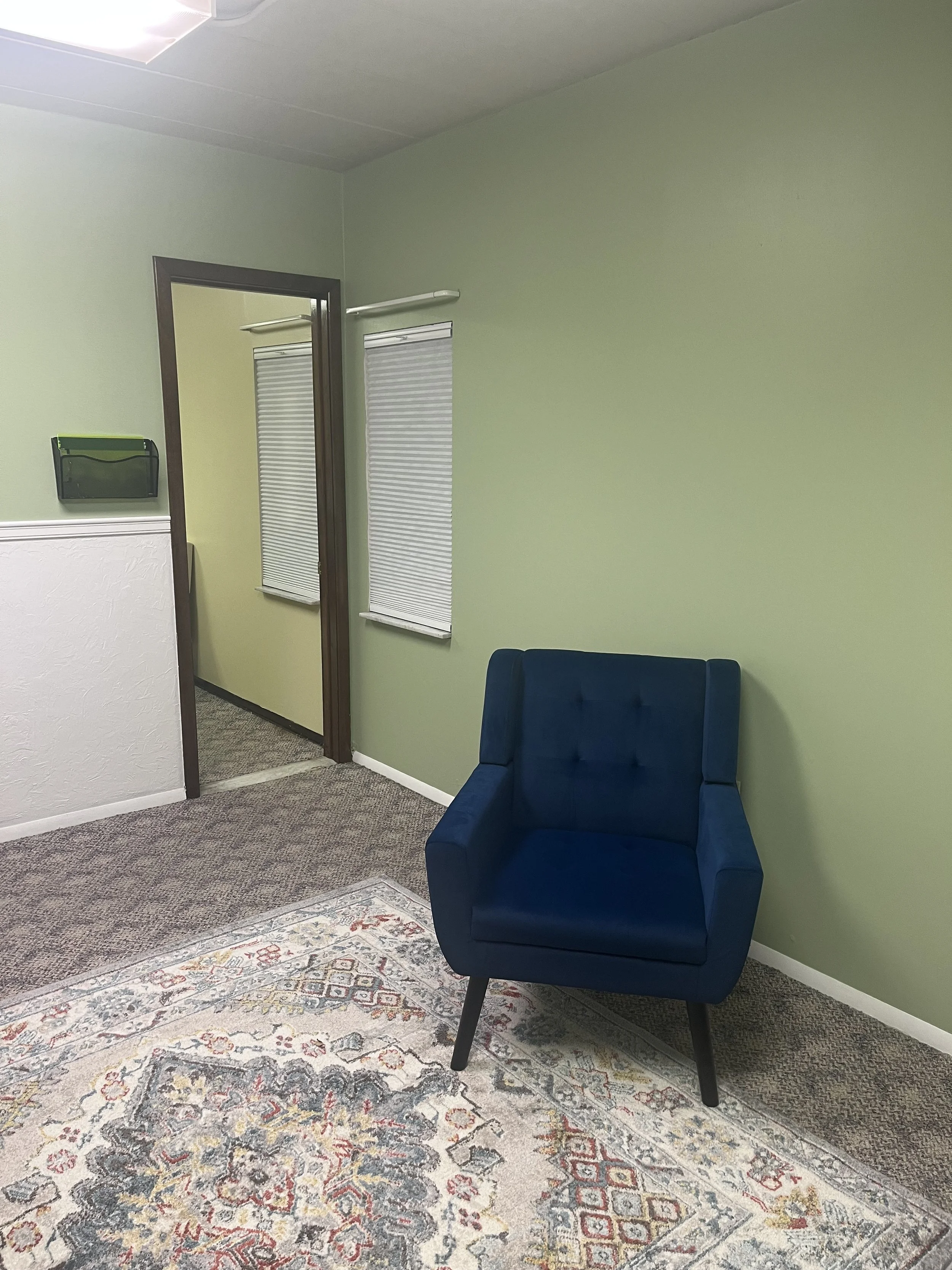 A blue armchair in a room with light green walls, a patterned area rug, and a doorway leading to another room with yellow walls and white window blinds.