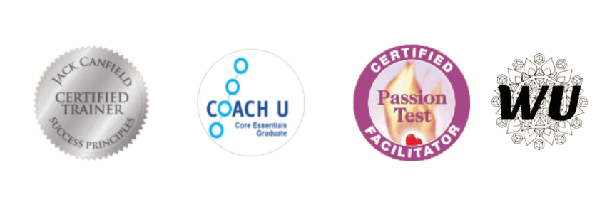 Series of certification badges for personal and professional development, including Certified Trainer, Coach U graduate, Passion Test facilitator, and WU certification.