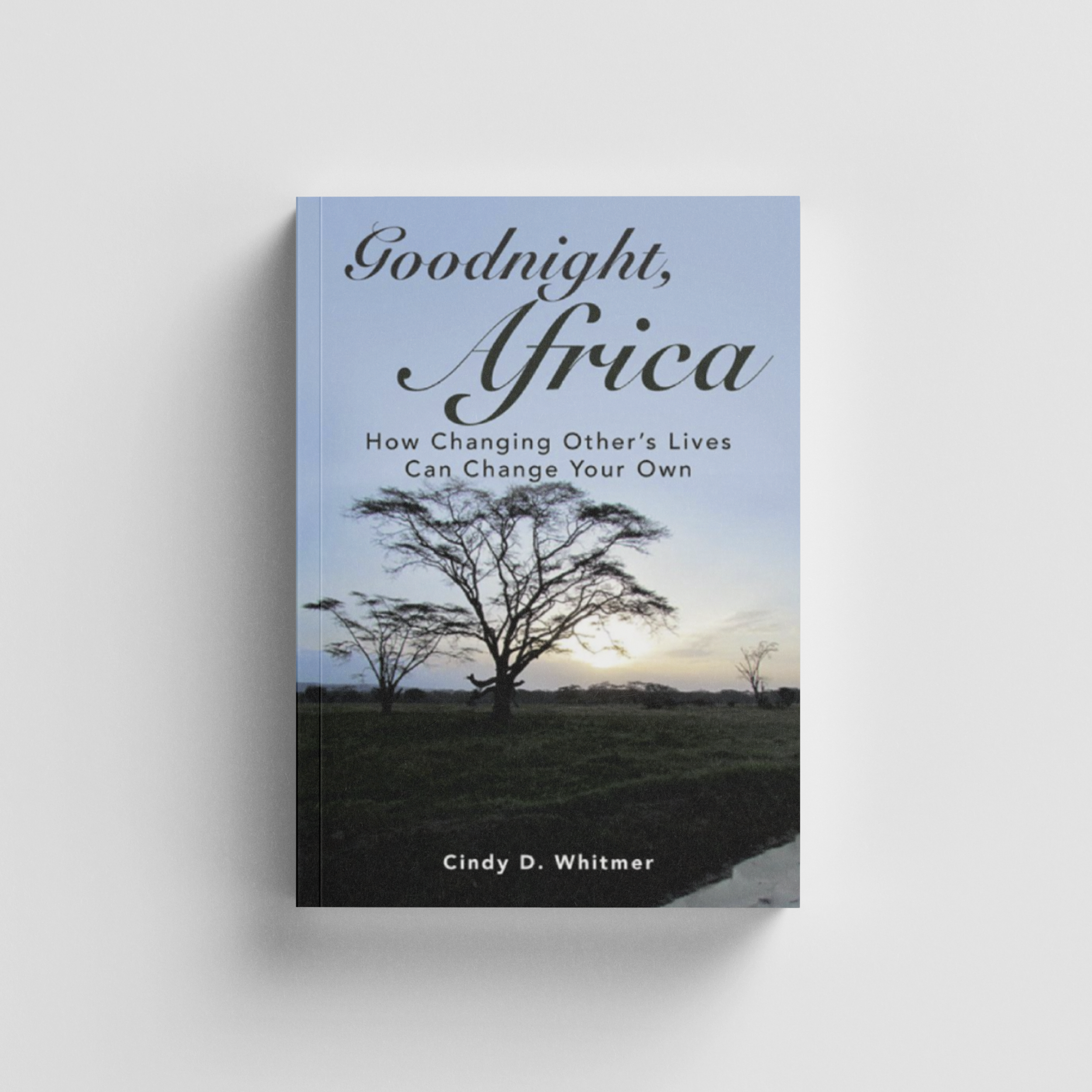 Book cover titled 'Goodnight, Africa' with a landscape of trees at sunset.