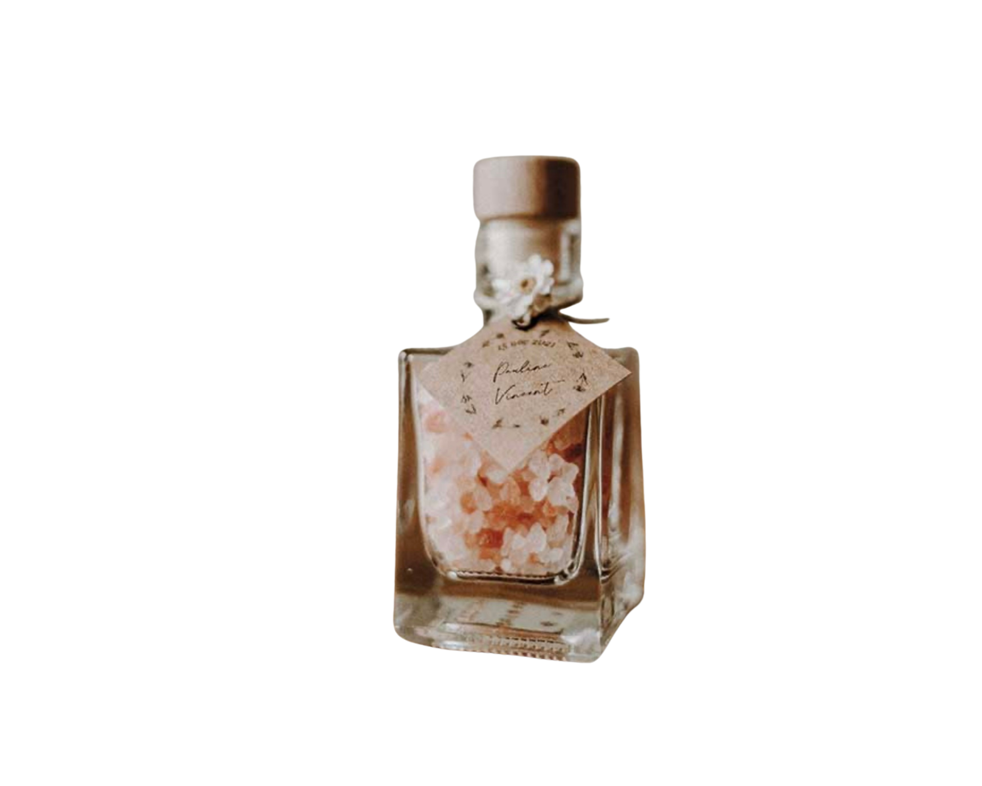 Moodboard: Photo d'une fiole de sel d'himalaya pour cadeaux invités pour un mariage thème bohème