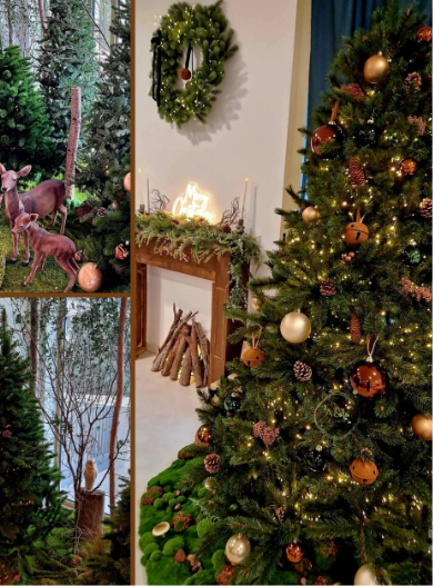 Décor de Noel corporate inspiré de la nature associant flore, faune et éléments artificiels, pensé pour offrir une scénographie élégante et pérenne pendant toute la période des fêtes, crée et imaginé par A&L Events.