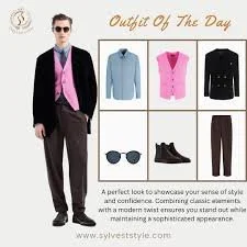 Lineup of men's outfit options including a black blazer with jeans, a light blue button-up shirt, a pink vest, and dark brown pants, featuring accessories like sunglasses and black shoes, labeled 'Outfit Of The Day'.