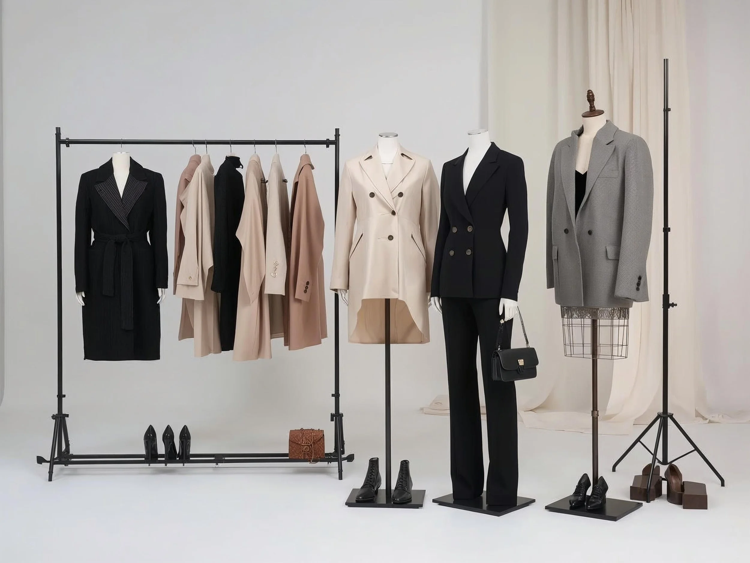Display of women's professional fashion including blazers, coats, shoes, handbags, and dresses in black, beige, and gray colors.
