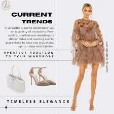 Fashion magazine page featuring current trends with a woman in a brown lace dress, holding her hands together, and images of beige heels and a white handbag.
