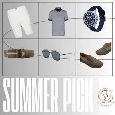 Summer polo clothing and accessories including a white pair of shorts, a gray polo shirt, a navy watch, brown belt, gray sunglasses, and brown loafers with the text 'SUMMER PALO' at the bottom.