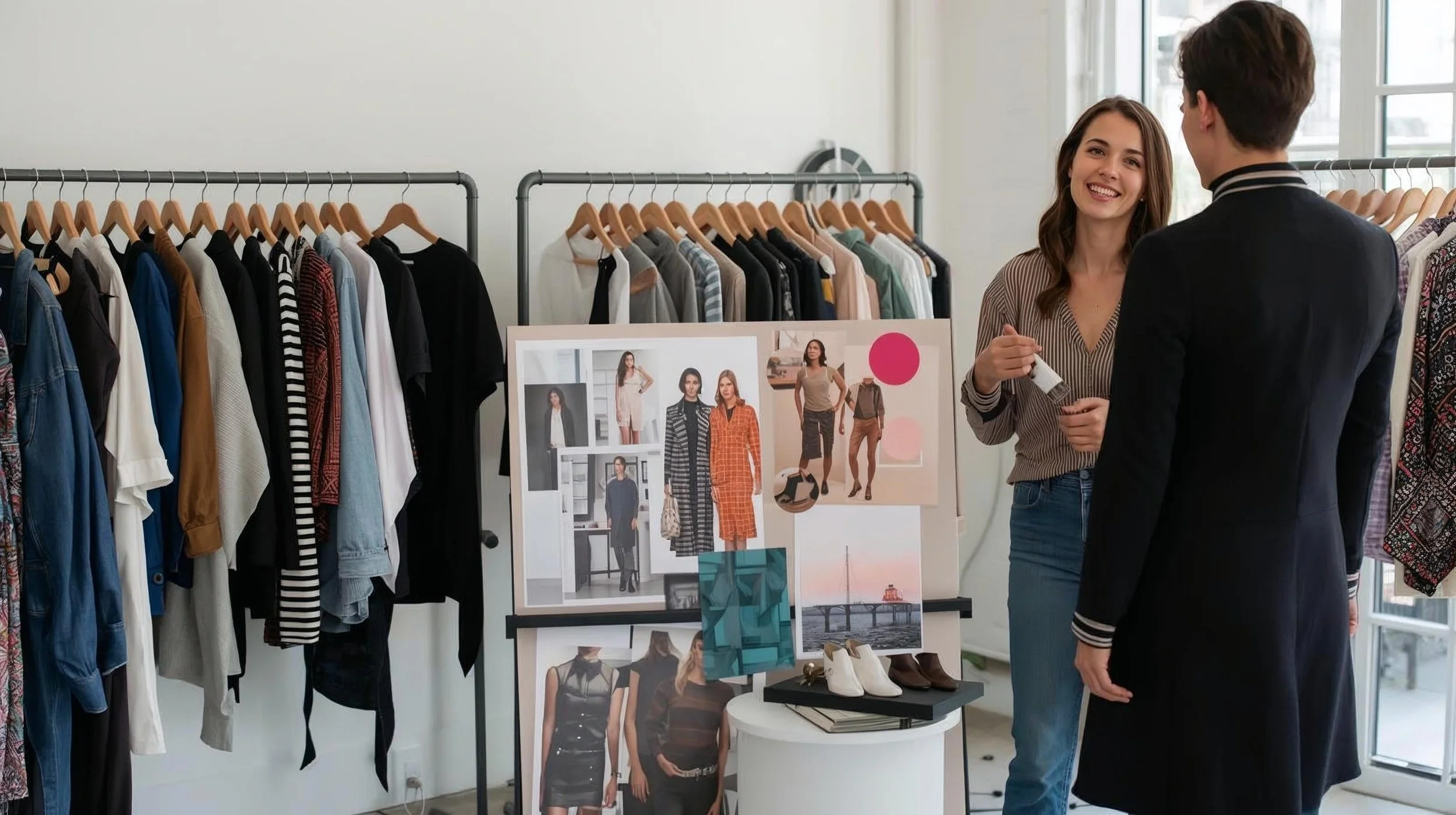 A woman and a woman shopping for clothes in a boutique store. They are discussing fashion near a display with clothing photos, swatches, and shoes.
