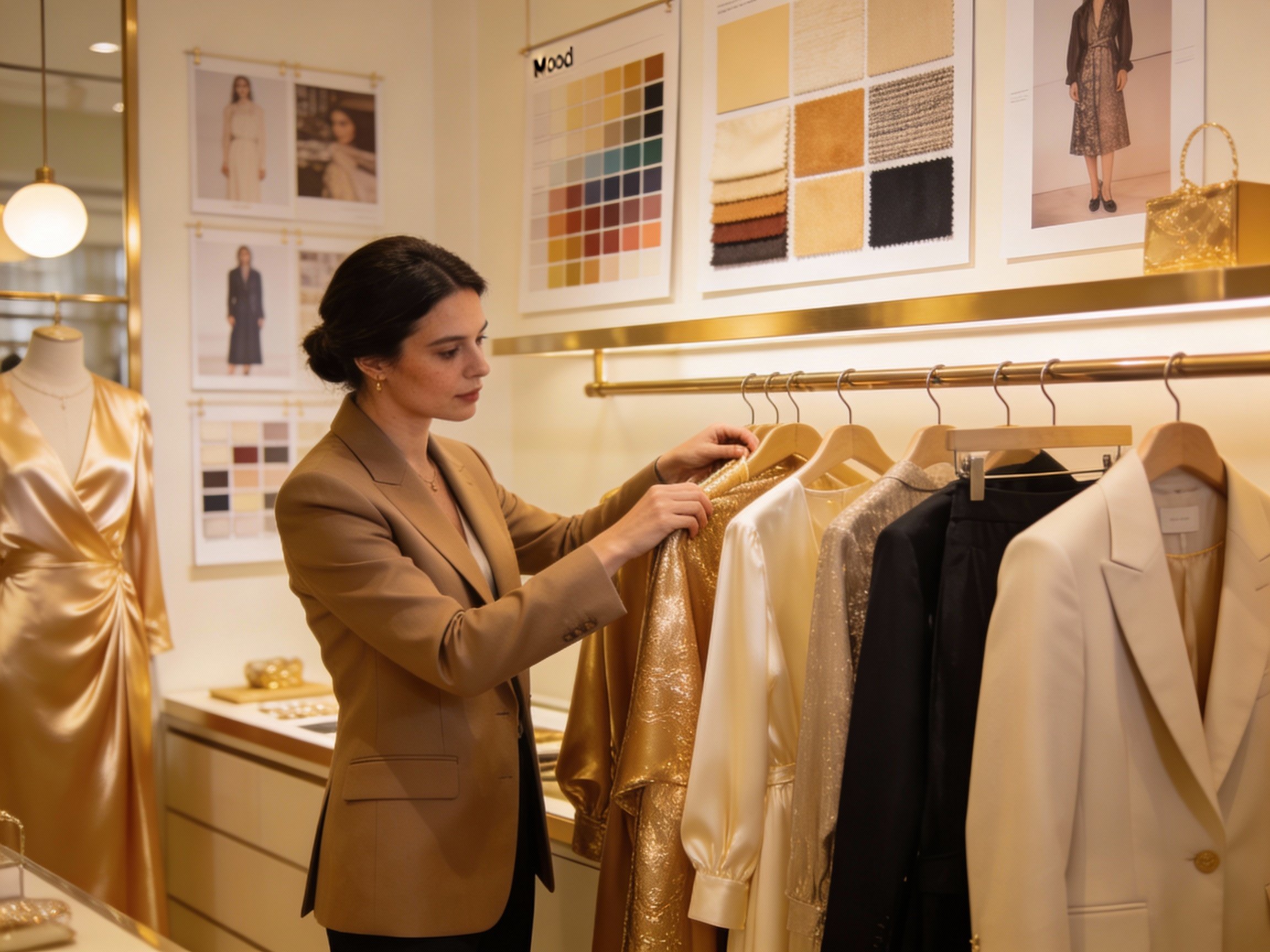 High-end styling studio with curated pieces, mood boards, and expert stylist selecting premium items