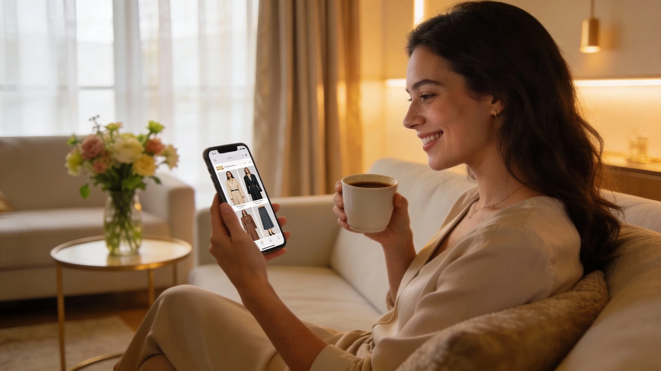 Relaxed woman at home, stress-free, enjoying personalized recommendations with coffee