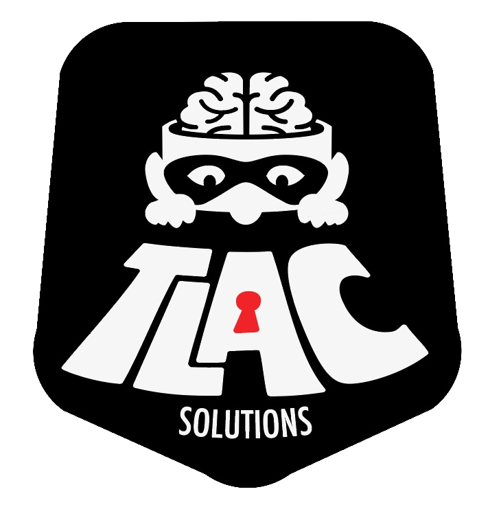 Logo with a brain and a superhero mask above the words "TAC Solutions" with a red keyhole in the letter "A".