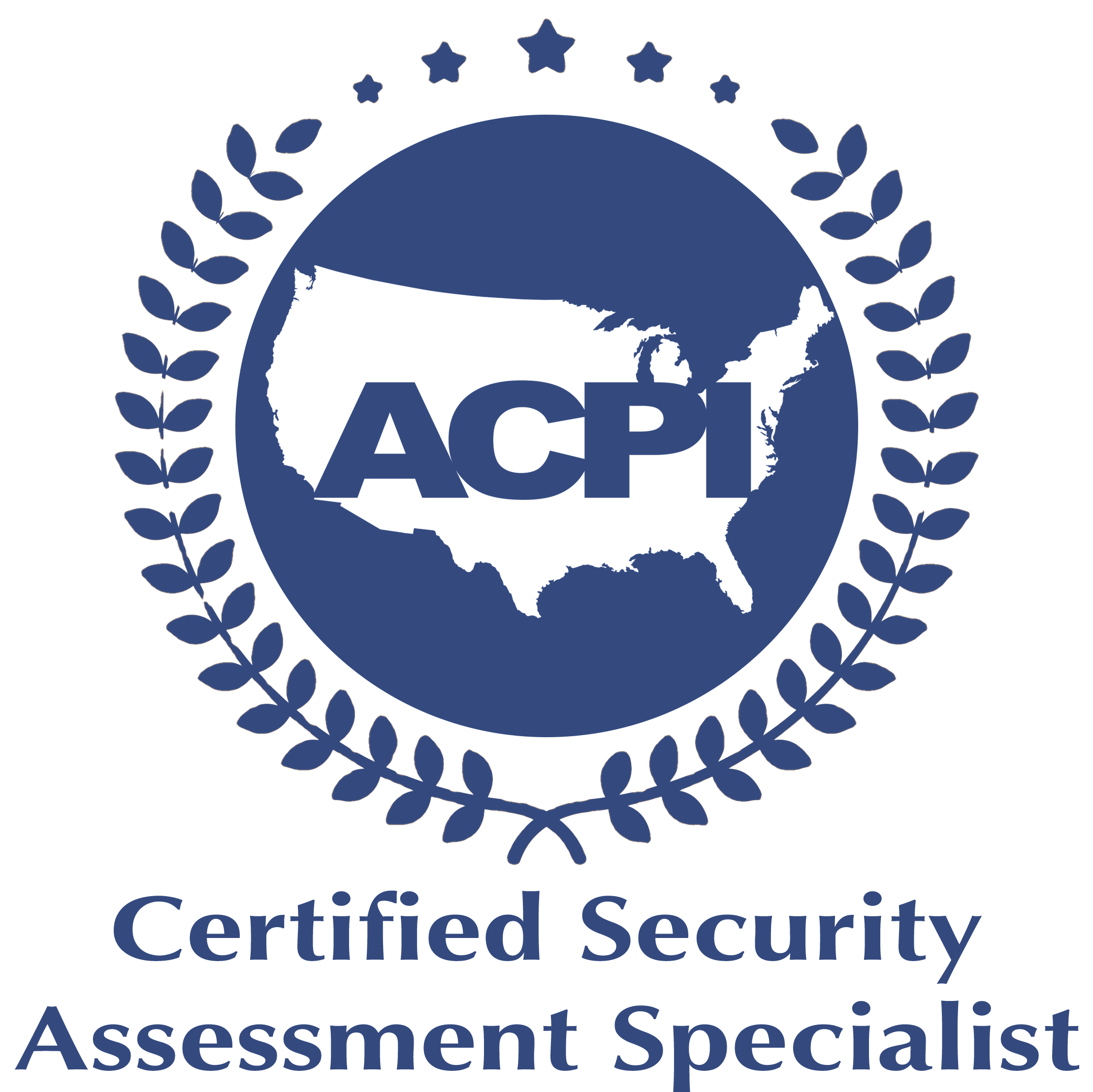A logo featuring a white map of the United States over a blue circle with the acronym ‘ACPI’ in bold blue letters. Surrounding the circle are blue laurel branches and small stars. Below, the text reads ‘Certified Security Assessment Specialist’ in blue.