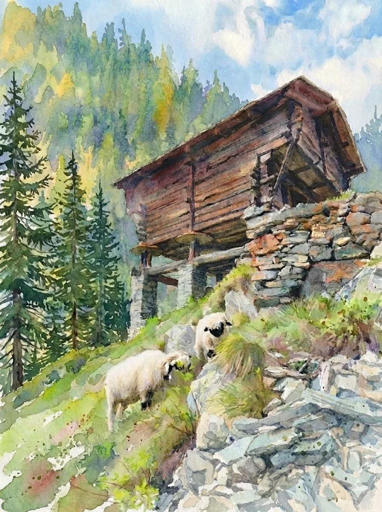 A typical chalet of Valais with two blacknosesheep in front and a big lark forest in the background.