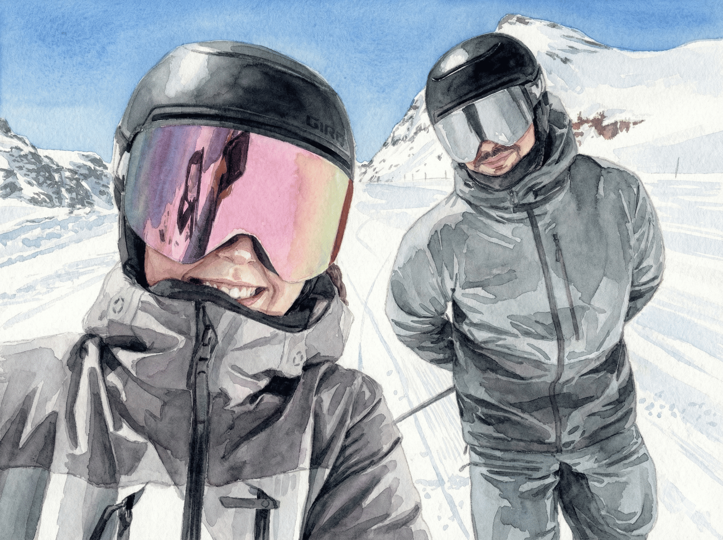 The owners of this company in full skiing gear on the slope.