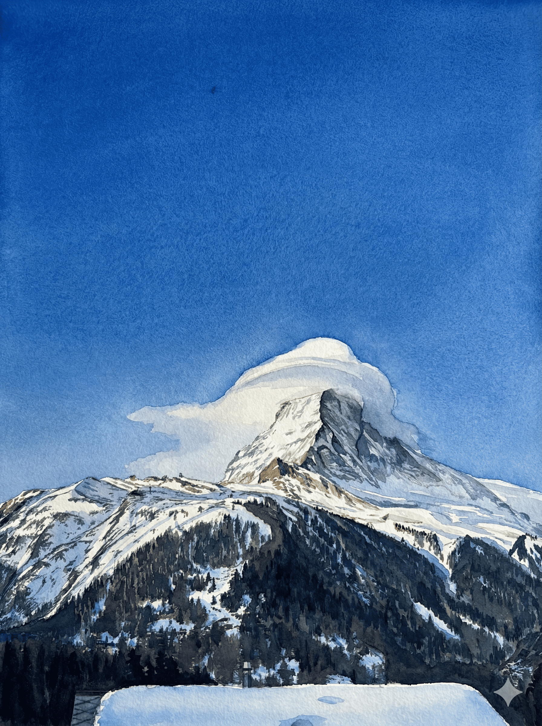 Picture of the Matterhorn on a sunny day with some clouds around the top.