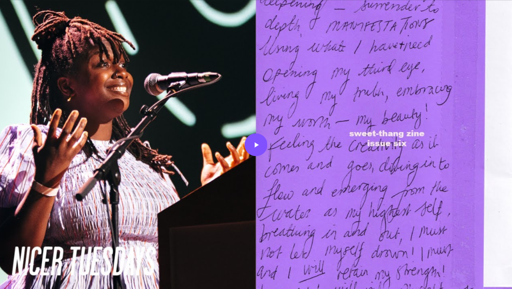 An image split into two halves, with the first half on the left an image of a woman with locs speaking in front of a microphone, mid-sentence. The right half is a purple square with small handwritten text over the top.