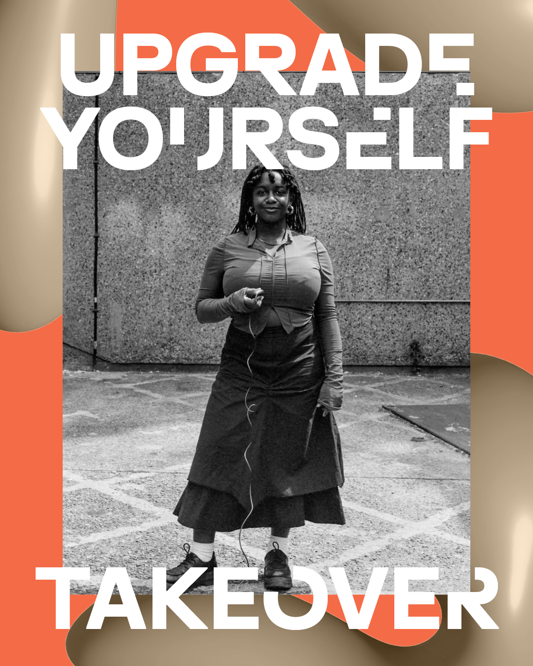 An black and white image of a woman in the centre frame, smiling. The image is pasted onto an orange background with white text that reads 'Upgrade Yourself Takeover'