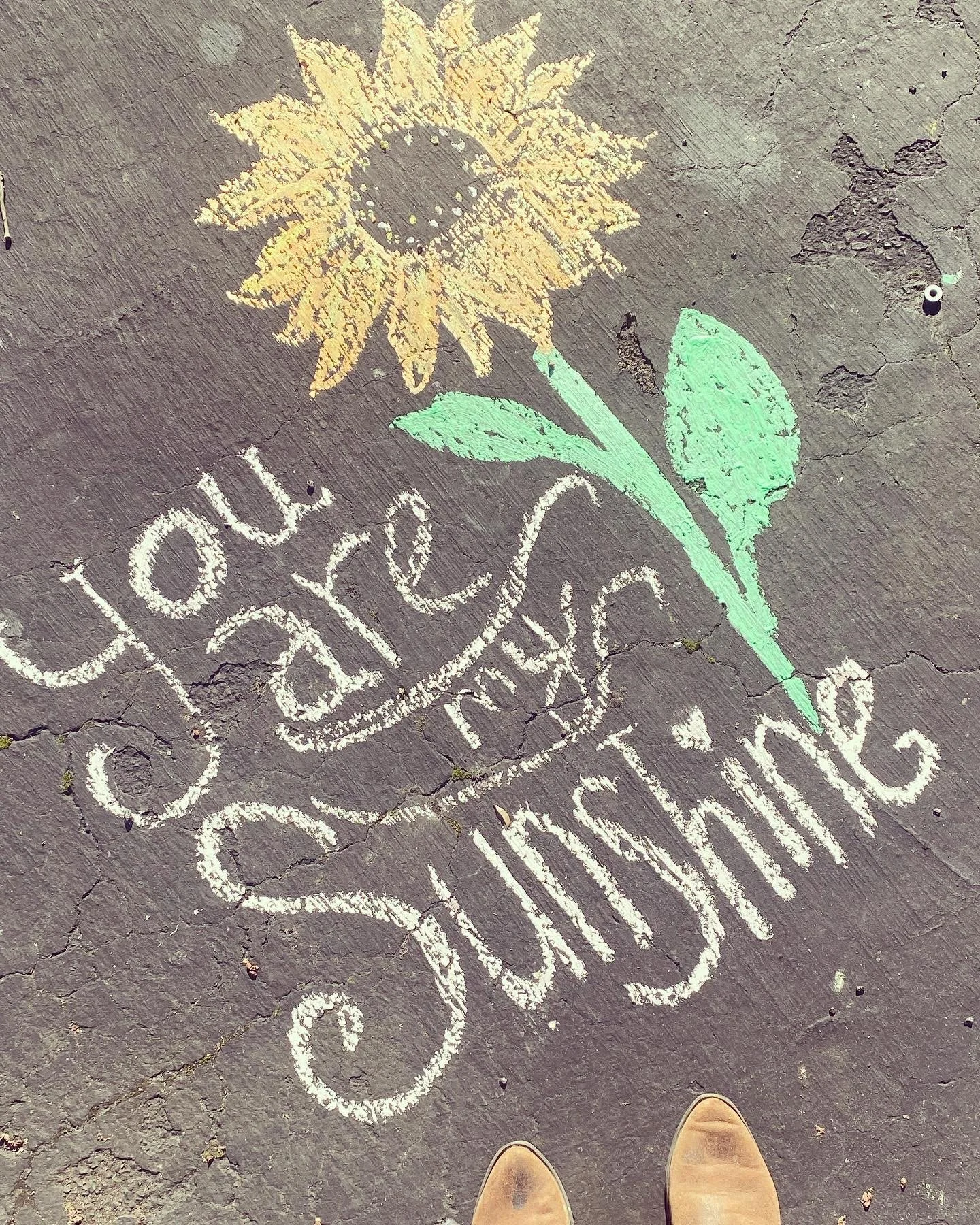 Chalk drawing on pavement of a sunflower with the words "You are my sunshine" in decorative script and a small heart.