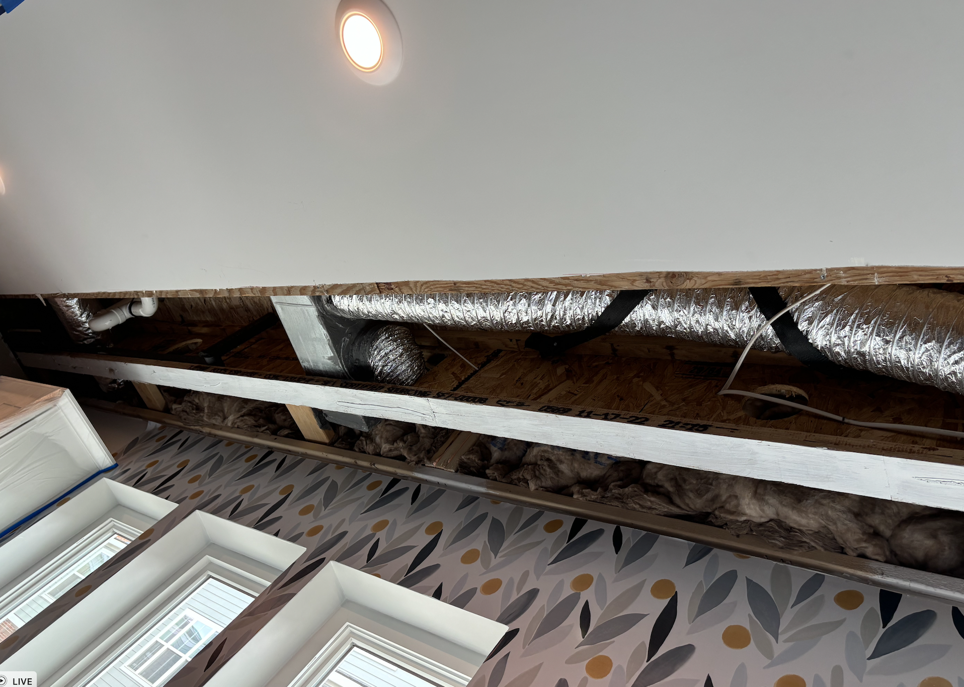 Duct work and ceiling in kitchen. This area needed mold remediation because of breeches in the insulation.