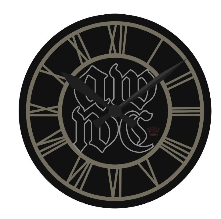 Black clock with Roman numerals, decorative center, and hands showing 11:07.