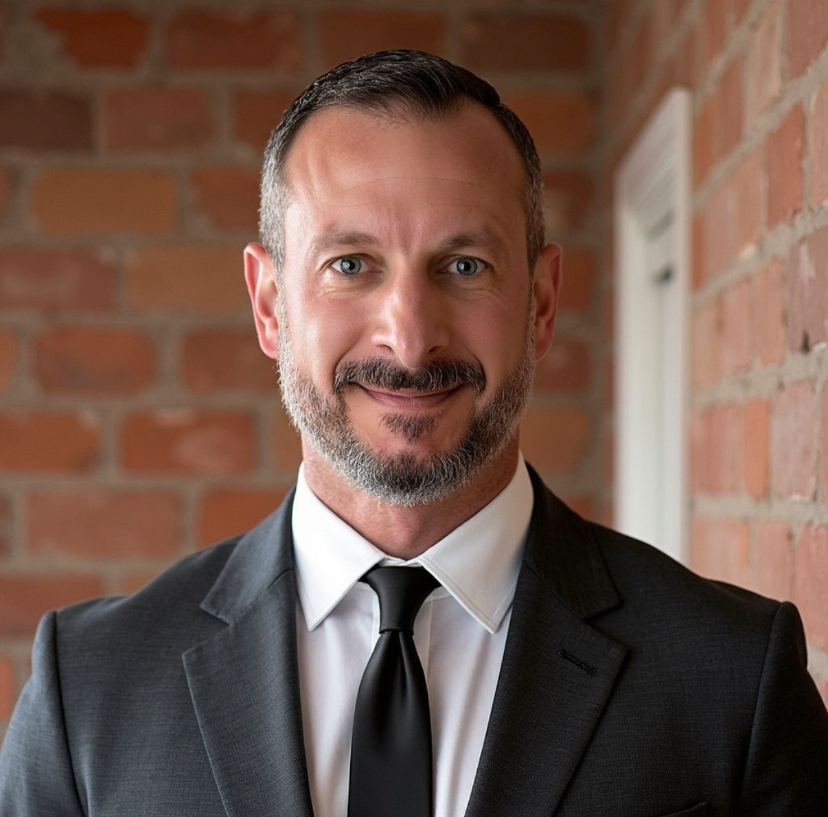 A man in a suit and tie with a trimmed beard and short hair, standing in front of a brick wall.