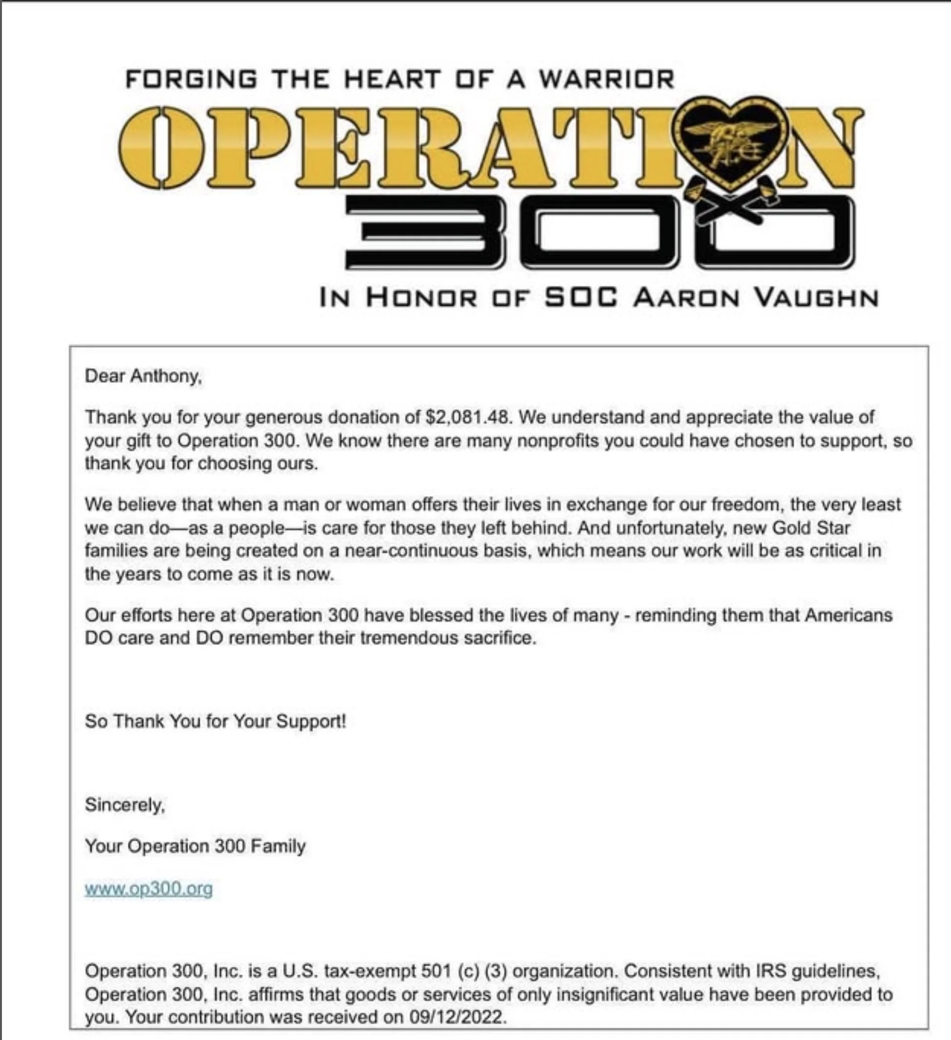 A thank you letter from Operation 300, Inc., acknowledging a donation of $2,081.48 in honor of SOC Aaron Vaughn, with a title that reads 'Forging the Heart of a Warrior Operation 300' and a heart-shaped emblem with a golden eagle in the middle.