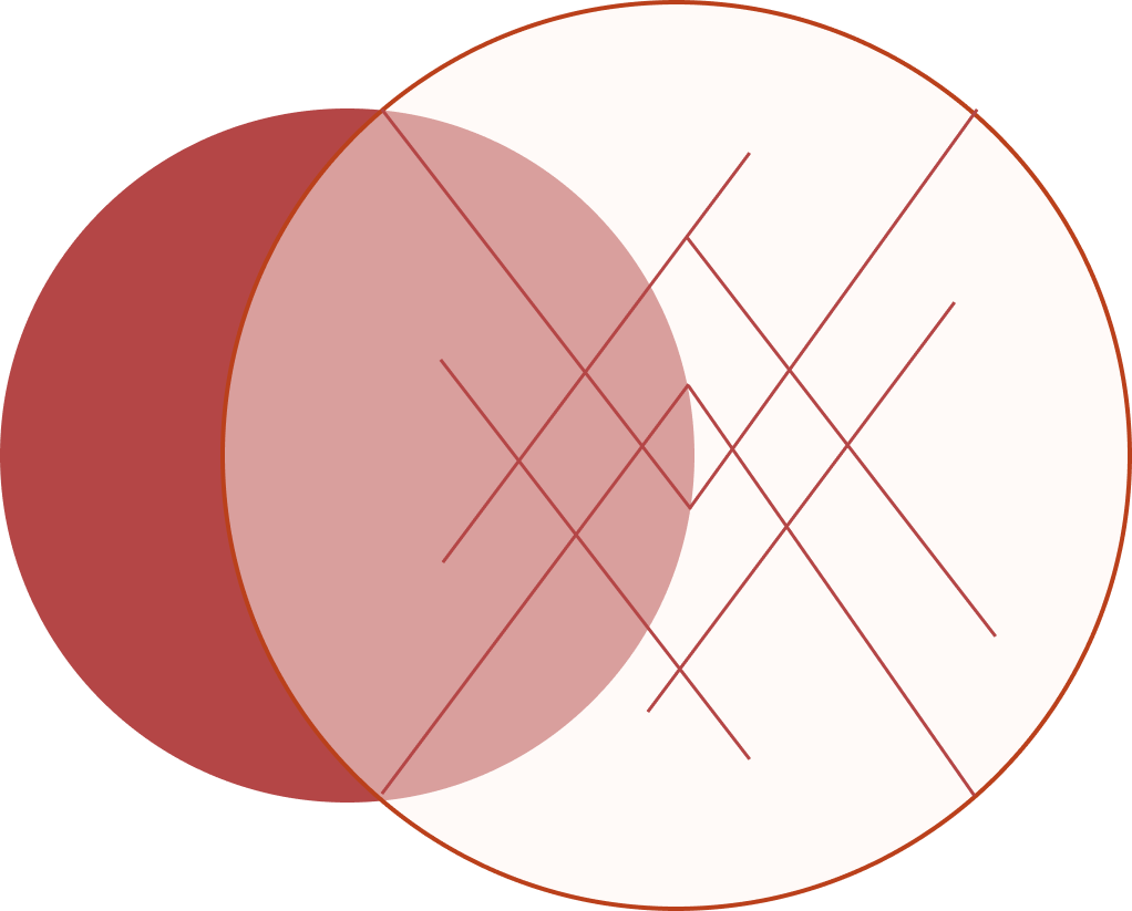 Overlapping Venn diagram with red, pink, and white sections, containing various intersecting lines.