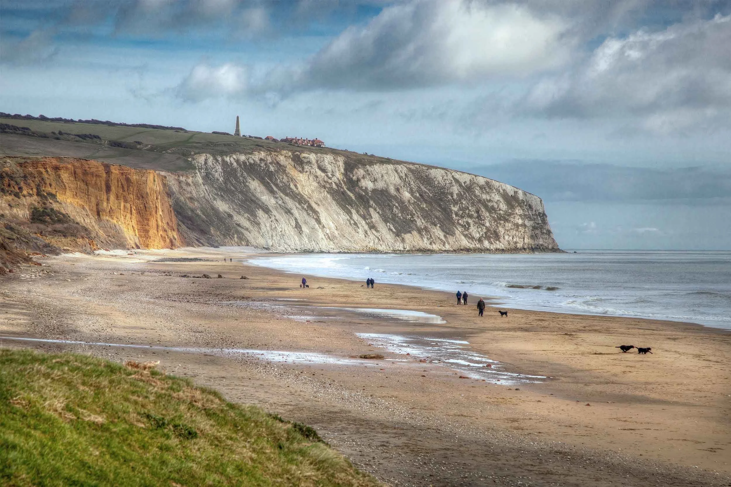 View of a shoreline with sandy beach, tall white chalk cliffs, and a cloudy sky. Several people walking along the beach and two dogs are visible in the foreground. There are houses and a monument on top of the cliffs.