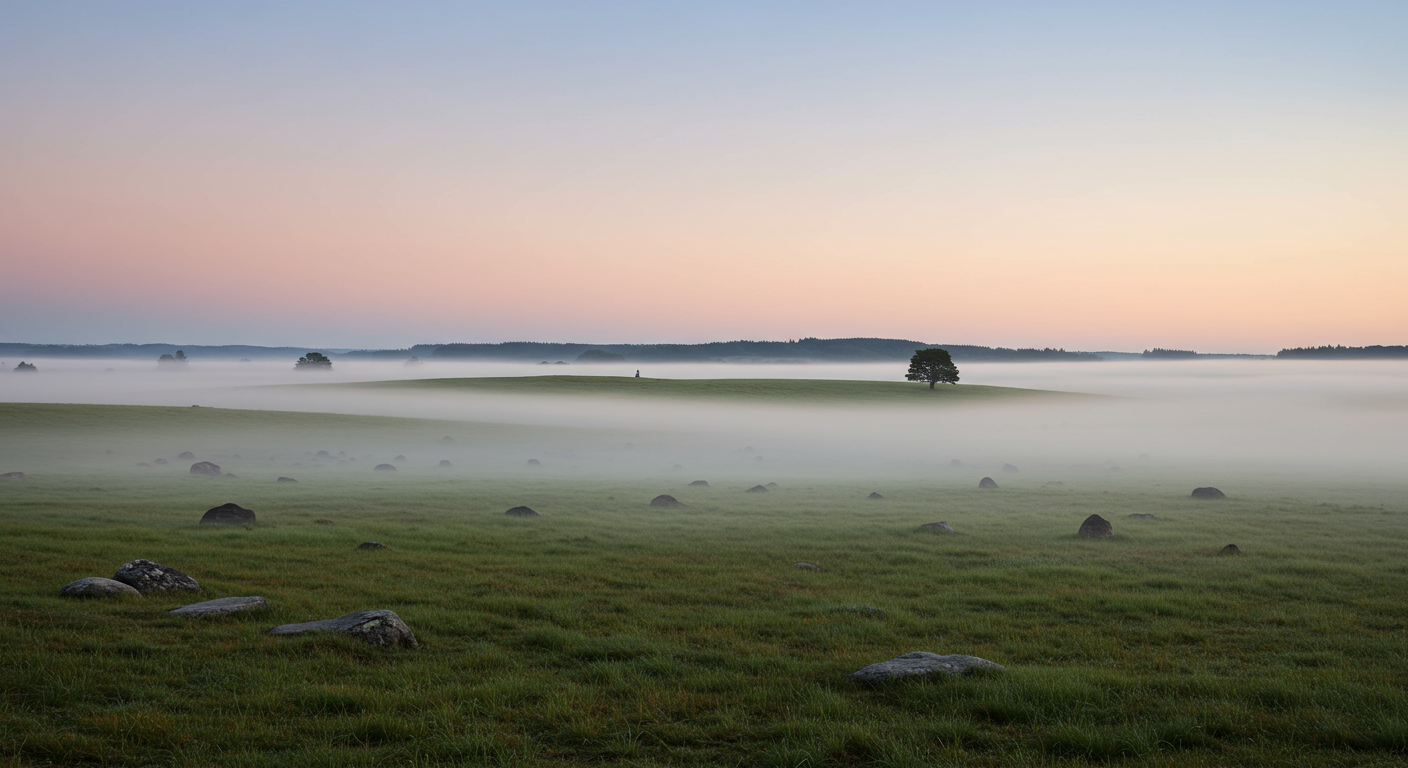 A foggy field with scattered rocks and a few distant trees under a pastel-colored sky.