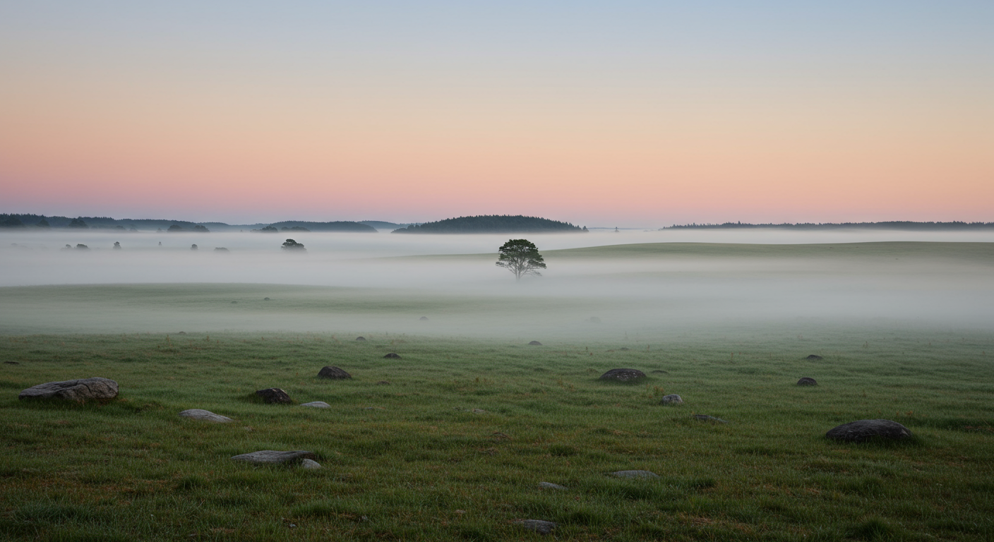 A landscape of a grassy field with rocks scattered across it, mist hovering over the ground, and a single tree in the distance. The sky has a gradient of soft pastel colors at sunrise or sunset.