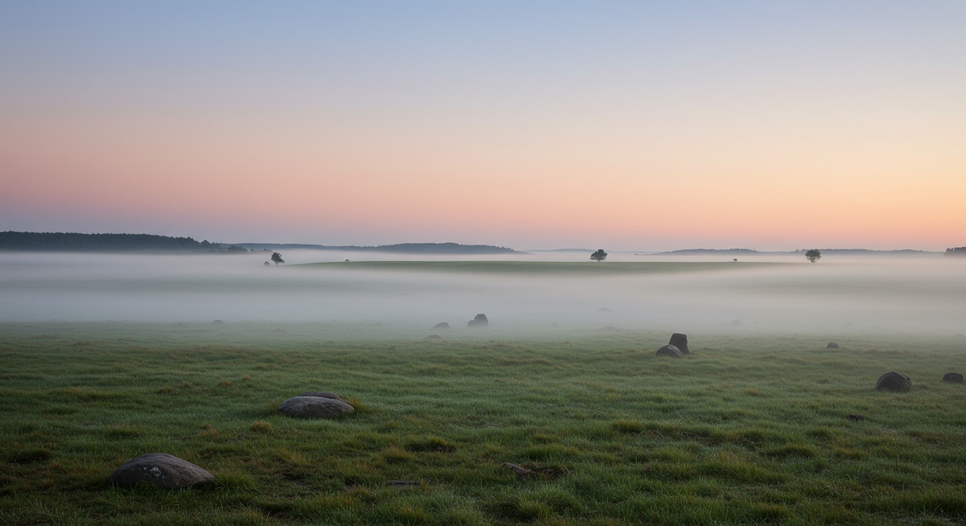 A serene landscape at dawn with a grassy field, scattered rocks, mist rising over the field, and a pastel-colored sky with pink and blue hues.