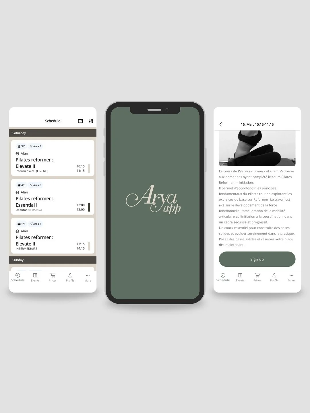 What about our app?

Avec l&rsquo;application mobile Arya Studio Pilates, r&eacute;servez vos cours en quelques secondes : &bull; consultez tous les cr&eacute;neaux en temps r&eacute;el &bull; d&eacute;couvrez le d&eacute;tail et les pr&eacute;requis