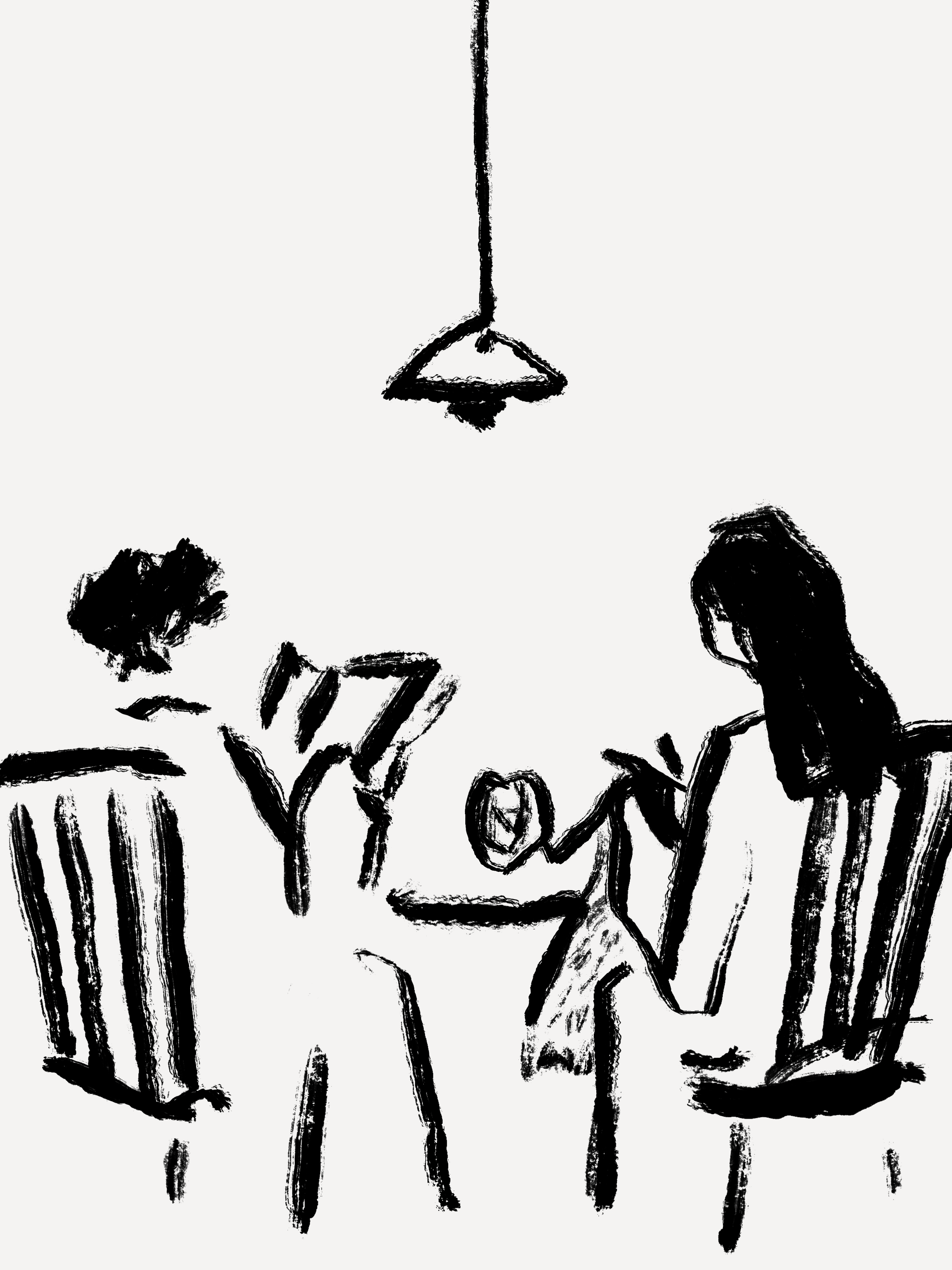 Sketch of two people sitting at a table, one with short hair and the other with long hair, holding and looking at a circular object. A ceiling lamp hangs above them.