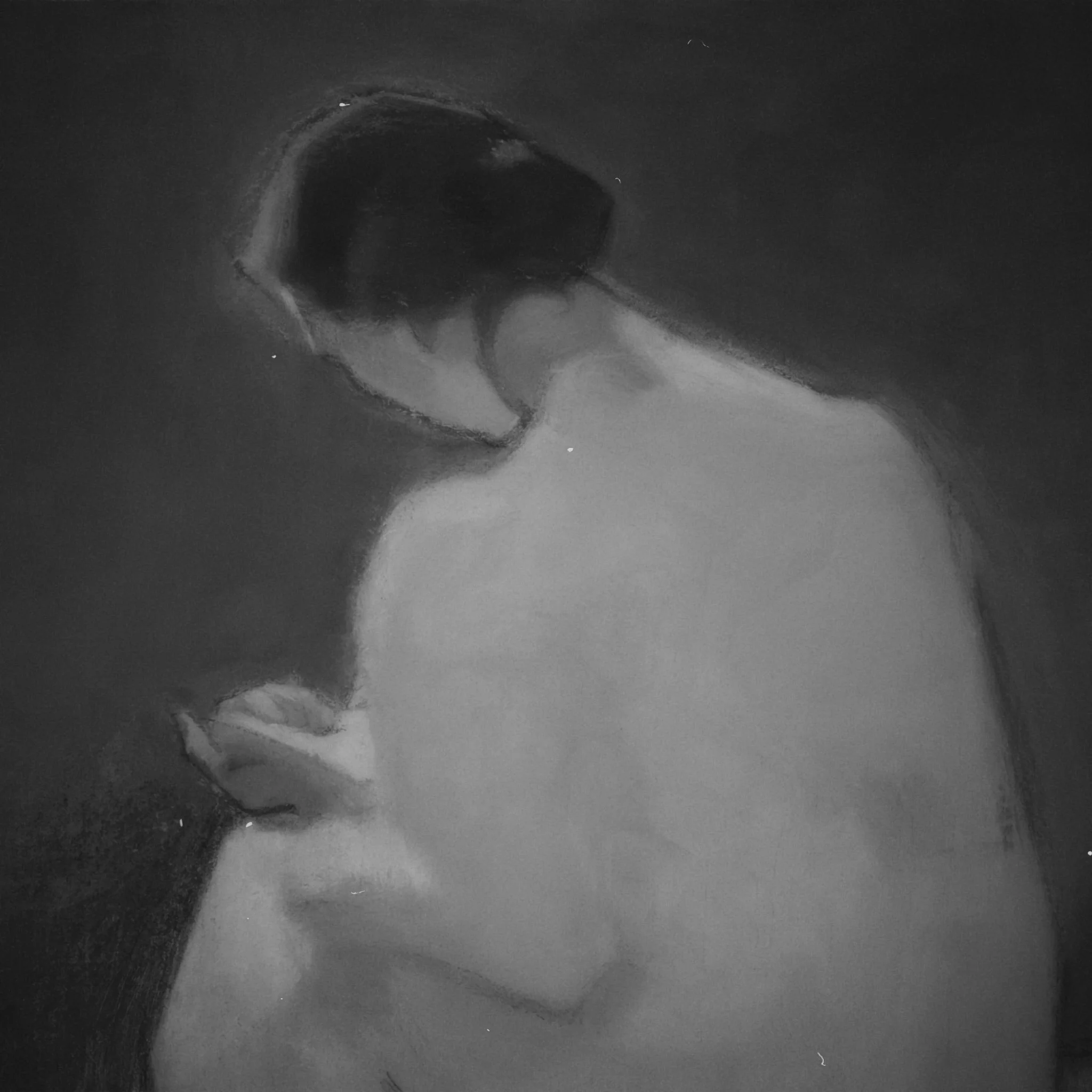 Black and white painting of a woman with short hair, looking down, with her eyes closed.